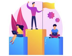 Leadership and success. Best worker on pedestal. Achievement, development, motivation. Employee character standing on bar chart with flag. Vector isolated concept metaphor illustration